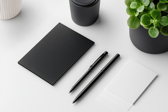 Branding materials mockup featuring business card, paper, stickers, and pen in youthful tech design with black and white colors