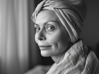Woman with towel on head, suggesting post-shower or bath activity for hair and skin care.