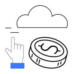 Hand pointing alongside a coin and a cloud. Ideal for finance, online transactions, cloud computing, fintech, web services, digital banking, tech solutions. Line metaphor
