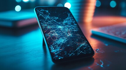 Close-up of a cracked smartphone screen with glitching digital interface, symbolizing technology malfunction, on a minimalistic desk. Concept of digital failure, device damage, and modern tech issues