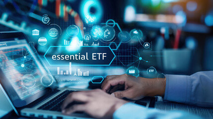 Fototapeta premium Hands Typing on Laptop with Futuristic Financial Interface and ETF Concept