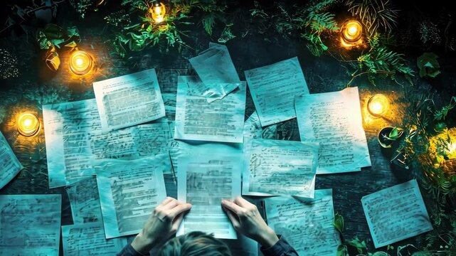 Mystical writer surrounded by flickering candlelight and enchanting manuscripts