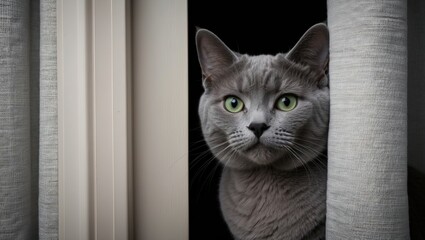 Curious cat peering through a window, featuring striking green eyes and soft fur, evoking a cozy, serene atmosphere in a domestic setting