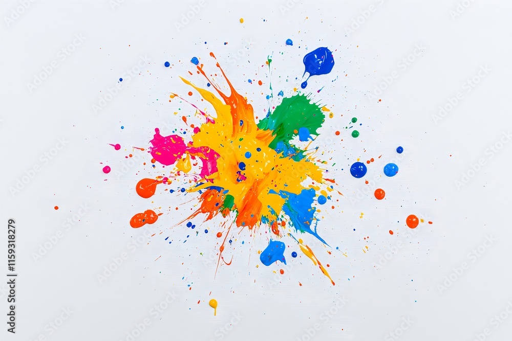 Poster Dynamically Erupting Multicolored Paint Splatter on Pristine White Backdrop Bold Abstract Expressionist Art Piece