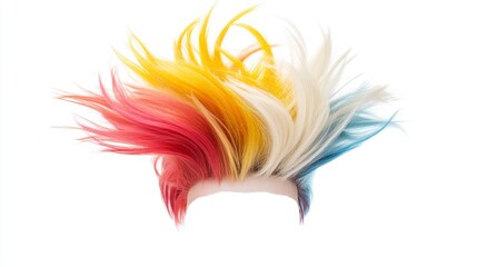 Naklejka premium Vibrant Colorful Wig with Bold Red, Yellow, Blue, and White Strands Perfect for Costume Parties, Themed Events, and Halloween Celebrations for a Playful Look