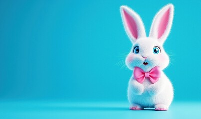 Obraz premium Cute 3D bunny with bow tie stands out on bright blue background for Easter celebrations