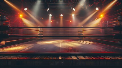Professional wrestling ring illuminated by dramatic lighting in an energetic venue
