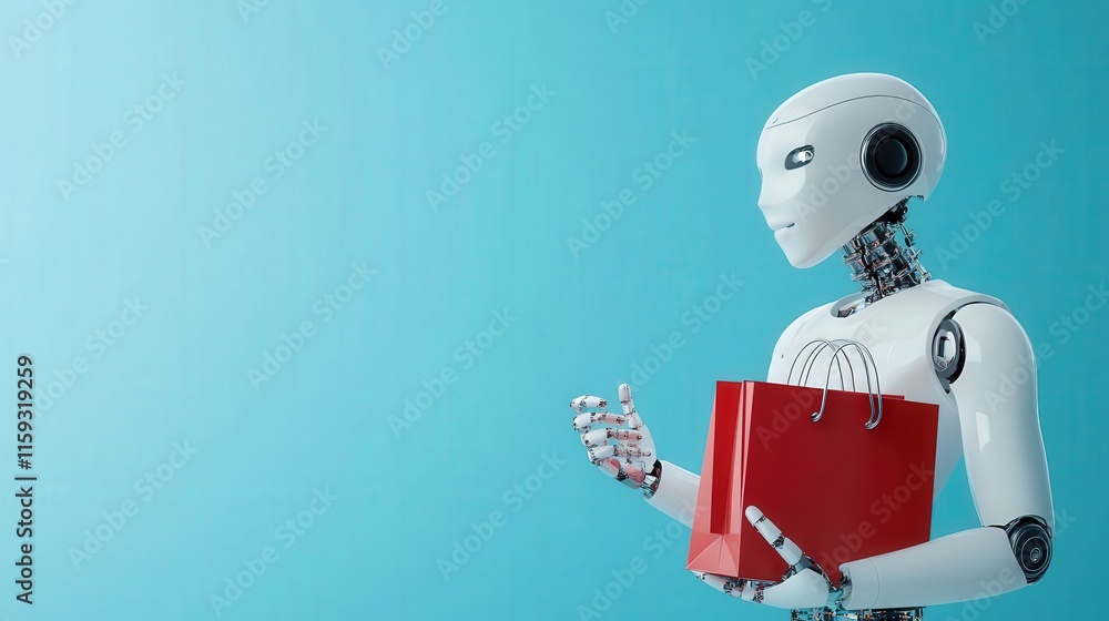 Poster a futuristic shopping assistant ai interacting with customers in an e-commerce platform isolated whi