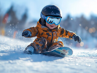 toddler wearing a complete set of colorful snowboarding gear