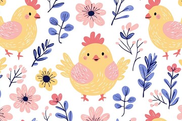 Festive pattern with baby chickens and abstract flowers for Easter decoration and crafts