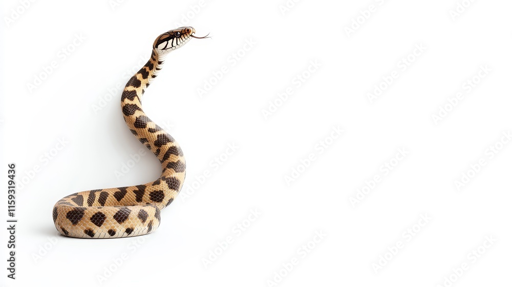 Poster captivating close-up of a unique snake with distinctive patterns against a minimalist white backgrou