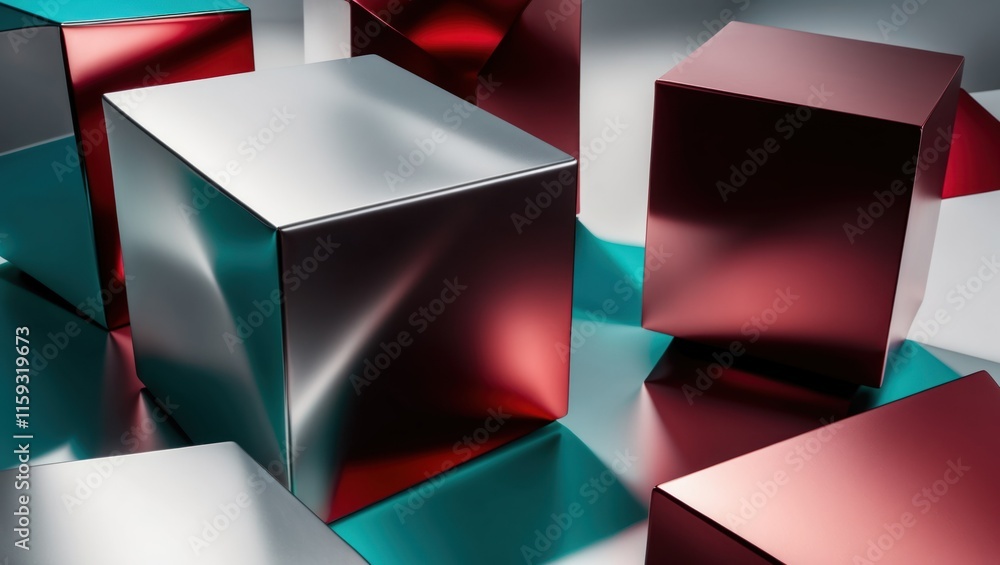 Poster abstract composition featuring shiny metallic cubes in red and silver, showcasing reflections and te
