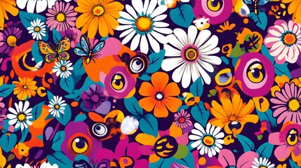 Colorful abstract floral illustration with white daisies, butterflies, and eyes on a dark background.