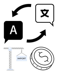 Speech bubbles with arrows indicating translation, coin and construction crane with import label suggesting commerce and trade. Ideal for language translation, international business, global economy