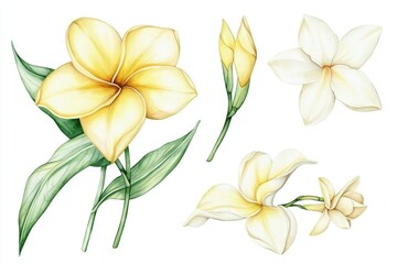 Watercolor illustrations of tropical flowers with detailed foliage on white background