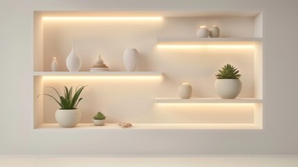 Elegant minimalist white wall with built in shelves and soft lighting for inviting home design