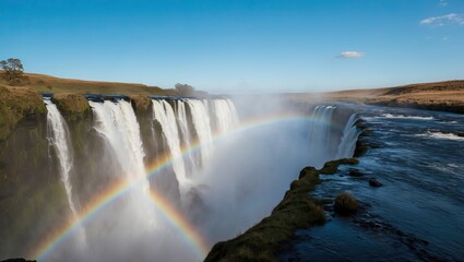 Fototapeta premium Majestic waterfall cascades into a river, enhanced by vibrant rainbow Breathtaking natural beauty showcases serene outdoor adventure