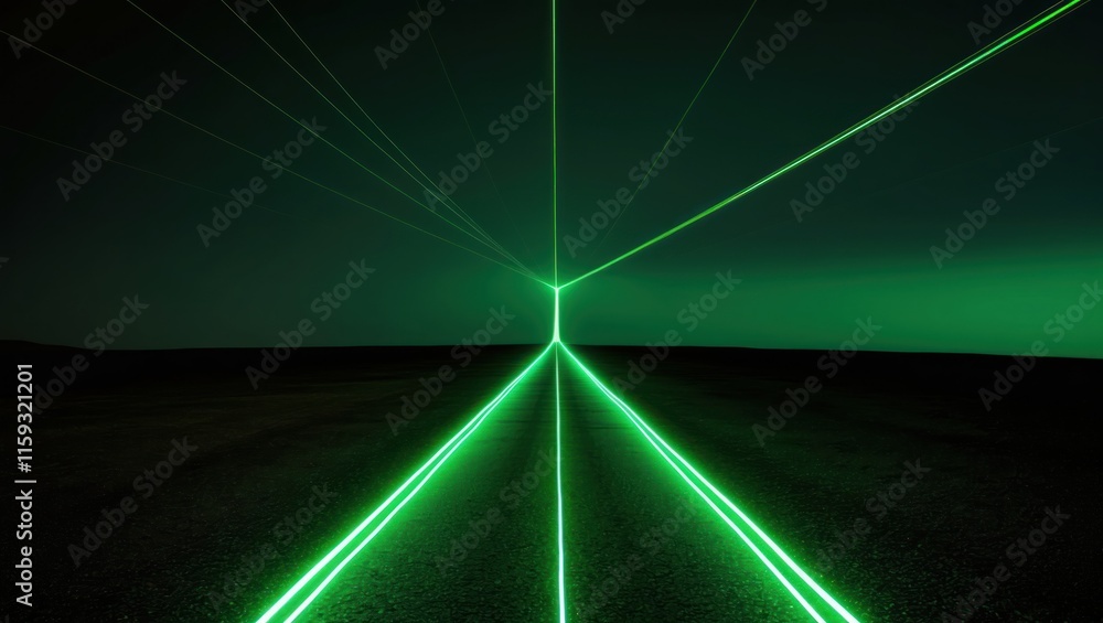 Poster futuristic green laser lines converge in a dark landscape, creating a captivating and modern visual 