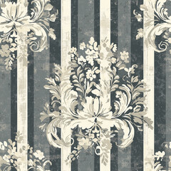 Vintage floral wallpaper design featuring stripes and intricate patterns in muted colors.