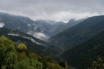 Misty view of Añisclo Canyon with lush vegetation