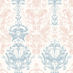 Elegant vintage wallpaper pattern featuring floral motifs in soft blue and pastel pink on a light background.