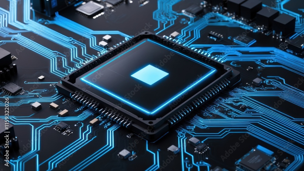 Poster close up view of microchip with glowing blue circuitry, symbolizing advanced technology and innovati