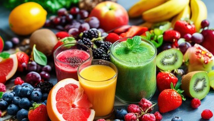 Colorful assortment of fresh fruits and smoothies including vibrant green, orange, and red drinks, showcasing healthy nutrition and summer freshness
