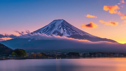 Stunning view of Mount Fuji during sunset, reflected in calm lake waters, creating a serene and...