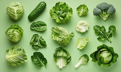 Fresh assortment of green lettuce and vegetables arranged on a light background for healthy eating