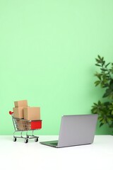 Shopping Cart Packed with Parcels in a Modern Retail Store Aisle – Exploring Efficient Shopping and Retail Trends