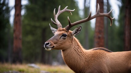 Fototapeta premium Close up of deer showcasing antlers in serene forest setting, capturing wildlife's beauty and essence of nature