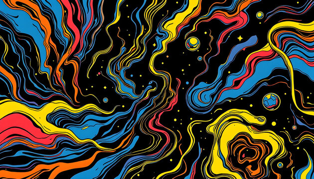 Ilustraci&oacute;n surrealista como fondo, banner, cartel. Espacio sideral con estelas de cometas en colores azul, amarillo y rojo.