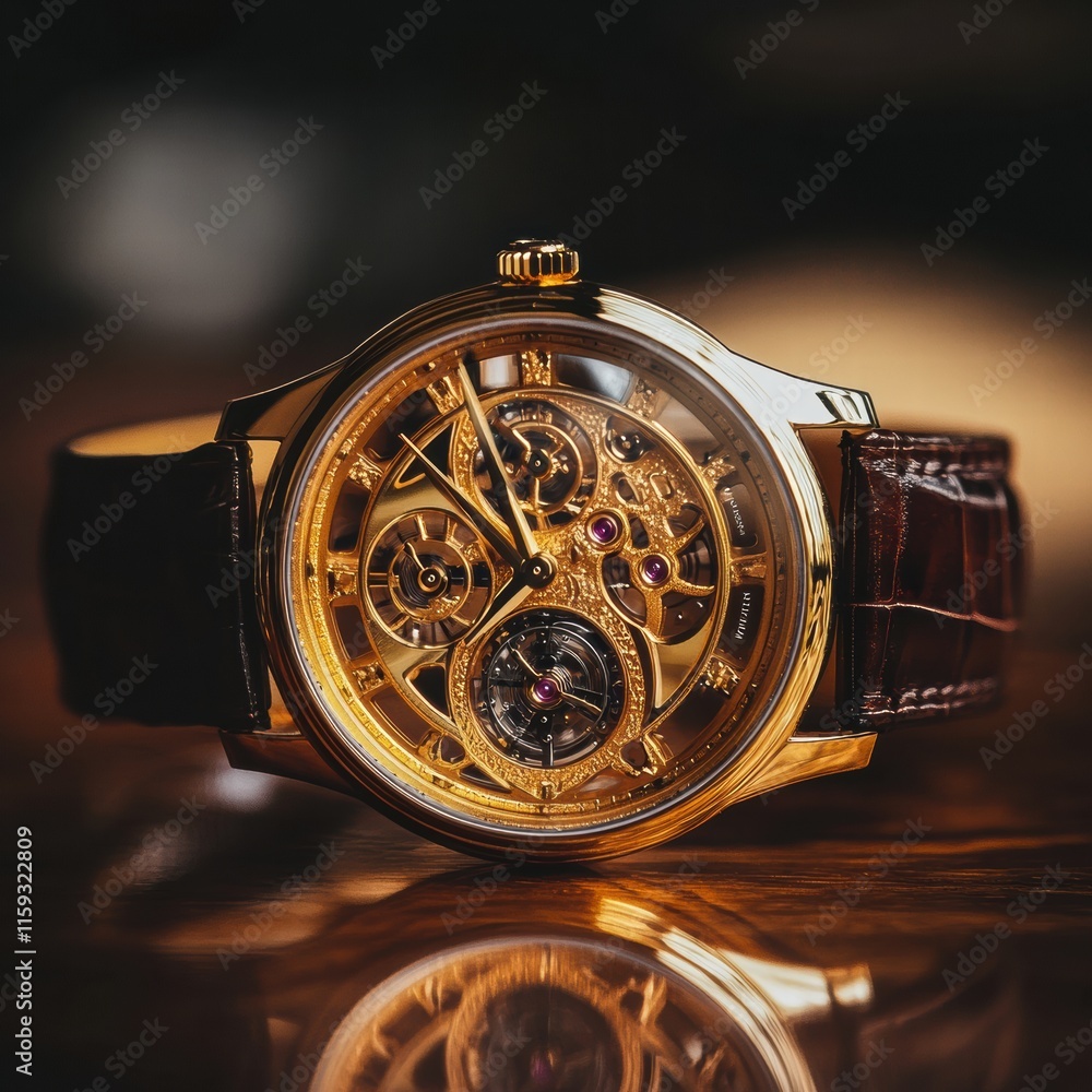 Poster luxury wristwatch with a golden frame and intricate design showcasing craftsmanship and elegance. ge