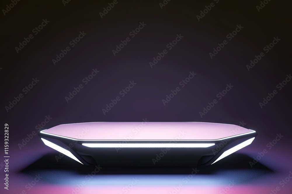 Poster podium with futuristic levitating platform glowing with led edges surrounded by dark gradient backgr