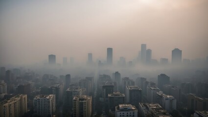 Fototapeta premium Atmospheric cityscape viewed through fog, showcasing skyscrapers and urban buildings, highlighting environmental concerns and urban exploration