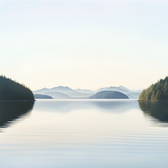 A tranquil view of glassy waters, surrounded by forested islands typical of the Gulf Islands. The horizon is marked by layers of mountains in soft blue tones, fading into the distance. 