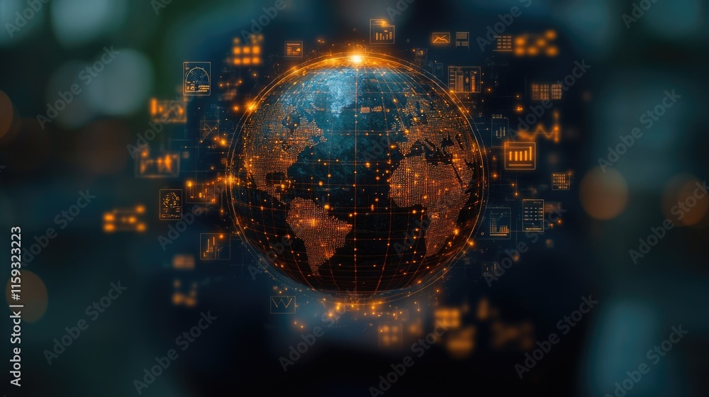 Poster digital earth with glowing data nodes and global network connections