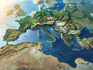 Colorful digital illustration showing Europe's land masses with high-resolution details.