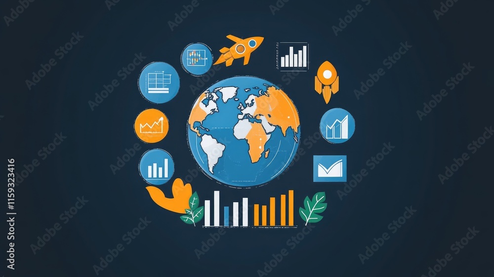 Poster global data analysis with colorful charts surrounding a world map