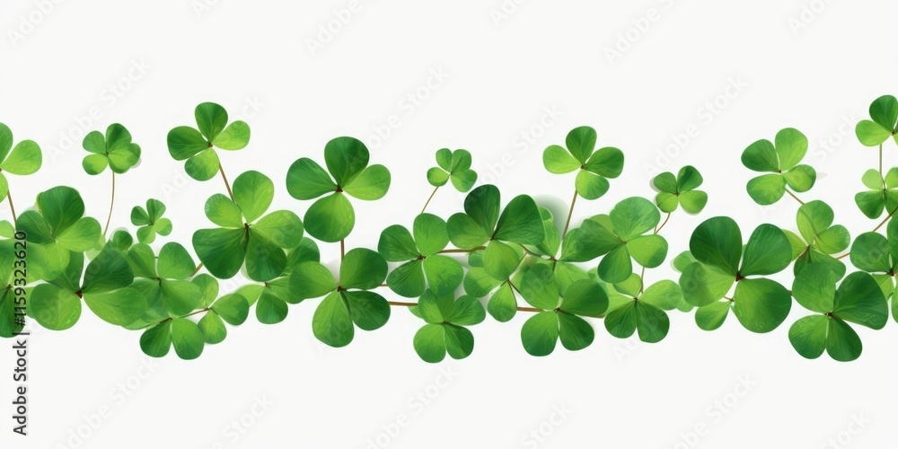 Poster row of green clovers with a white background. the clovers are arranged in a line, with some overlapp
