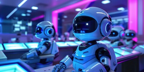 A modern robotic workspace with multiple robots in operation