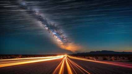 Dramatic night scene featuring light trails on a deserted road under the Milky Way, showcasing a stunning display of stars and atmospheric clouds