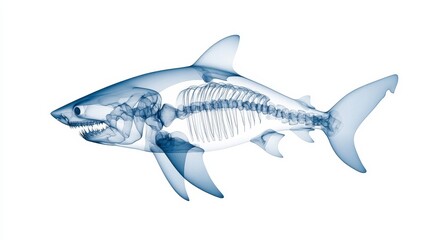 Obraz premium Detailed X-ray Image of a Shark Showcasing Internal Structures and Bone Anatomy in High Contrast Against a White Background