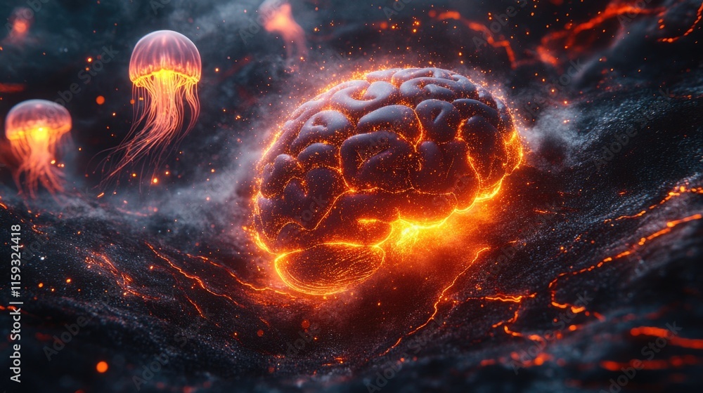 Poster glowing brain in lava with jellyfish in a cosmic space environment
