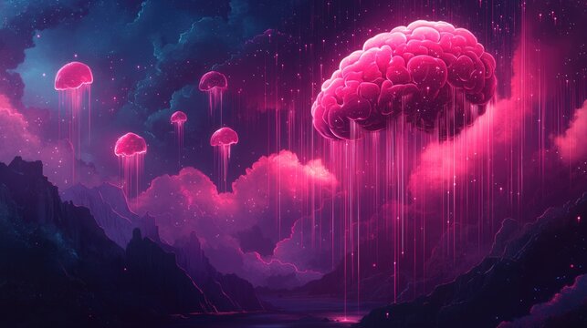 Surreal pink brain jellyfish floating in a dreamlike alien landscape - Powered by Adobe