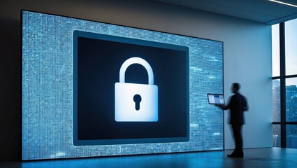 Silhouette of a person viewing a digital lock icon on a large screen in a modern office, emphasizing themes of cybersecurity and data protection