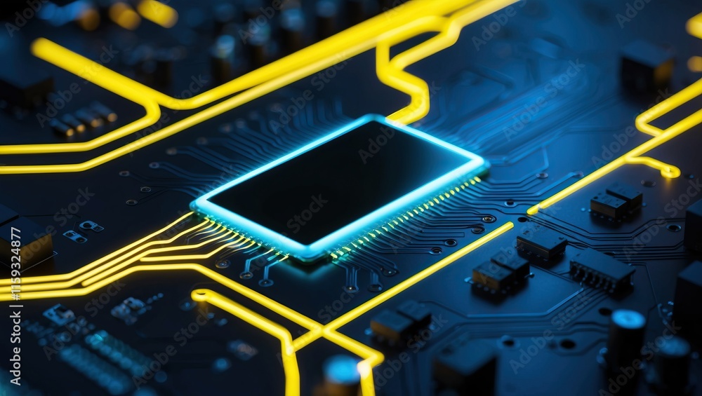 Poster close up of a modern microchip on a circuit board with glowing neon lines, showcasing advanced techn