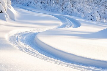stock photo of ski tracks in fresh snow with minimalistic snow-covered landscape and ample copy space on left side