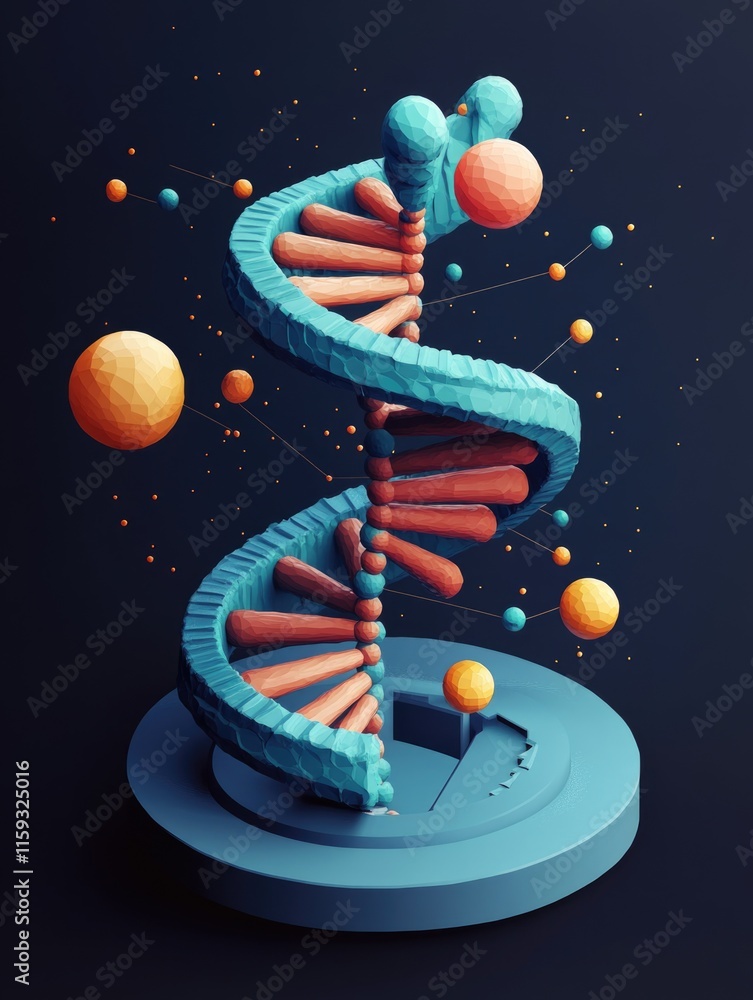Poster 3d printed dna model on a platform, with space backdrop and planets. a visually engaging science ill