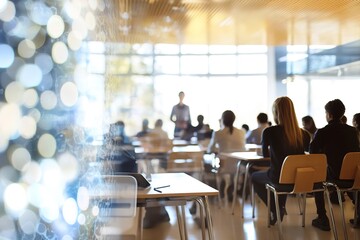 Obraz premium classroom setting with students seated at desks and teacher standing at front